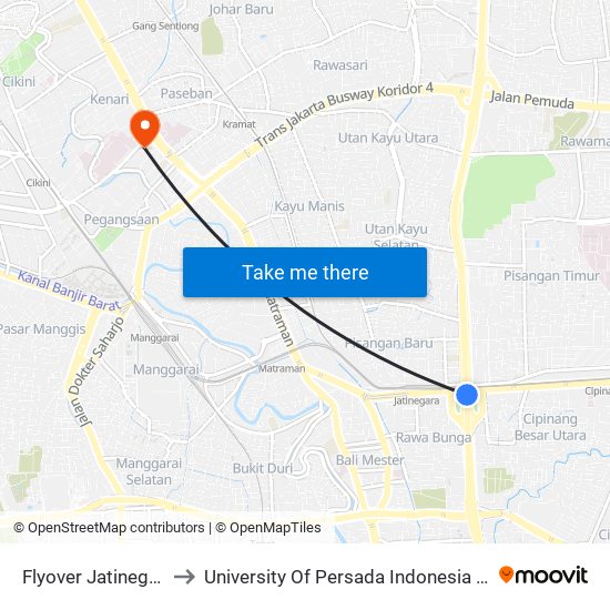 Flyover Jatinegara to University Of Persada Indonesia Y.A.I map