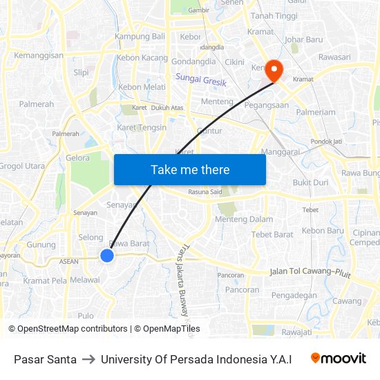 Pasar Santa to University Of Persada Indonesia Y.A.I map