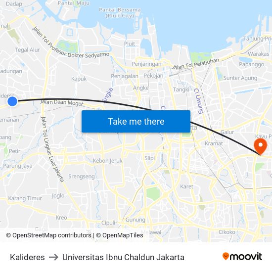 Kalideres to Universitas Ibnu Chaldun Jakarta map