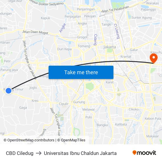 CBD Ciledug to Universitas Ibnu Chaldun Jakarta map