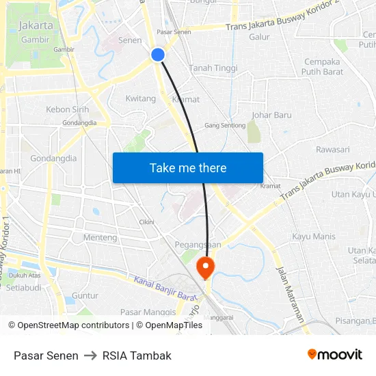 Pasar Senen to RSIA Tambak map