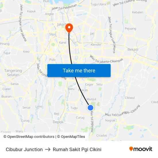 Cibubur Junction to Rumah Sakit Pgi Cikini map