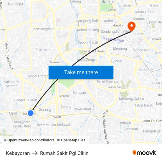 Kebayoran to Rumah Sakit Pgi Cikini map