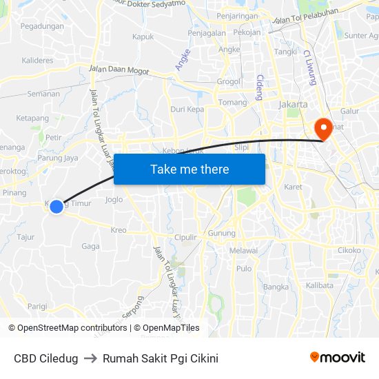 CBD Ciledug to Rumah Sakit Pgi Cikini map