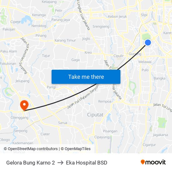 Gelora Bung Karno 2 to Eka Hospital BSD map
