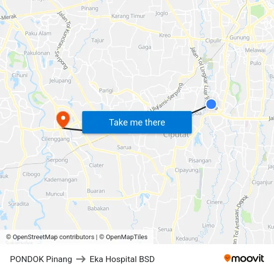 PONDOK Pinang to Eka Hospital BSD map