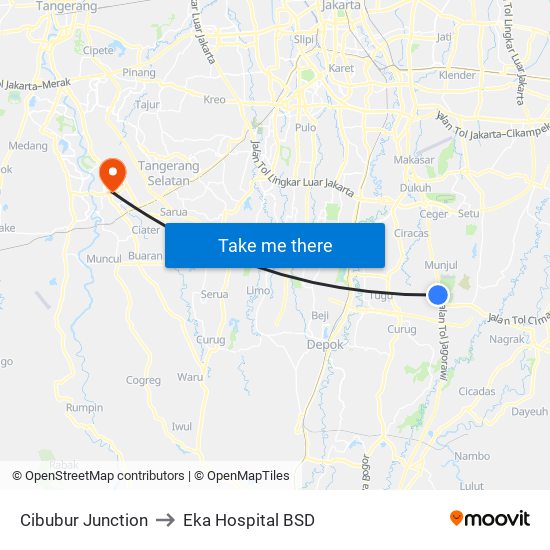 Cibubur Junction to Eka Hospital BSD map