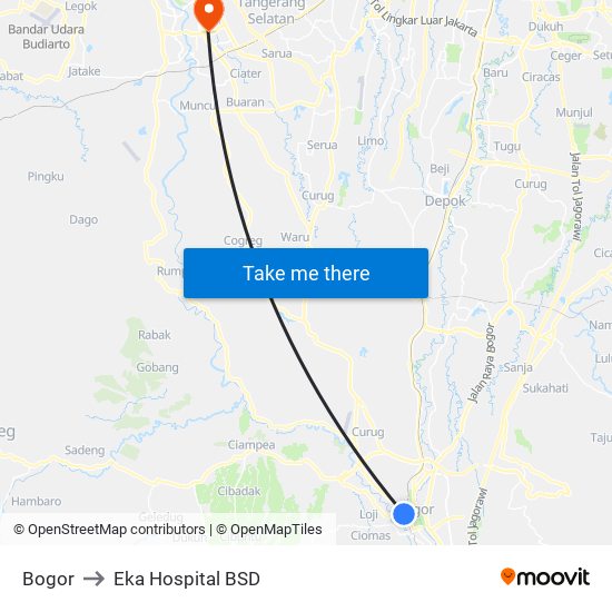 Bogor to Eka Hospital BSD map