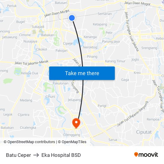 Batu Ceper to Eka Hospital BSD map