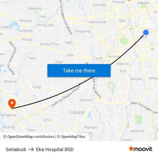 Setiabudi to Eka Hospital BSD map