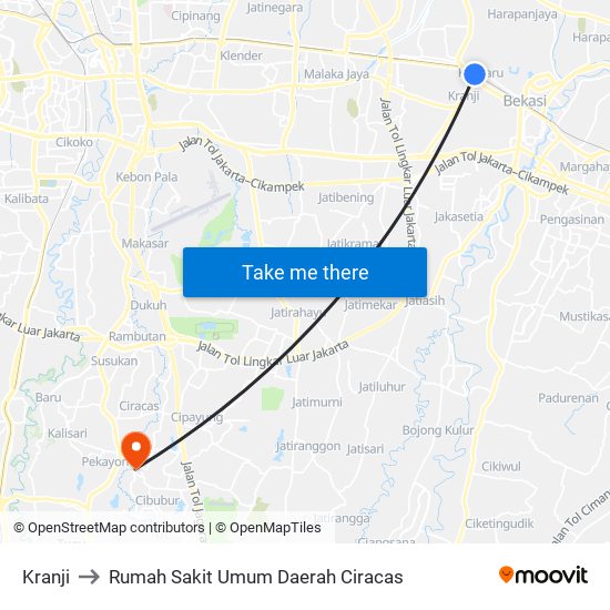 Kranji to Rumah Sakit Umum Daerah Ciracas map