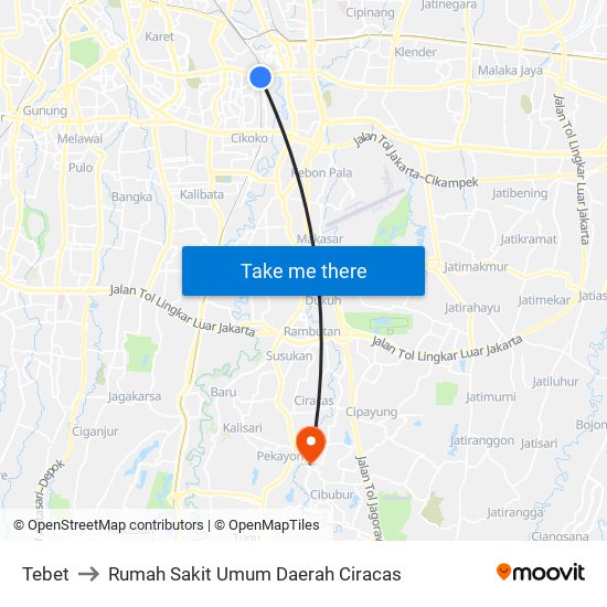 Tebet to Rumah Sakit Umum Daerah Ciracas map