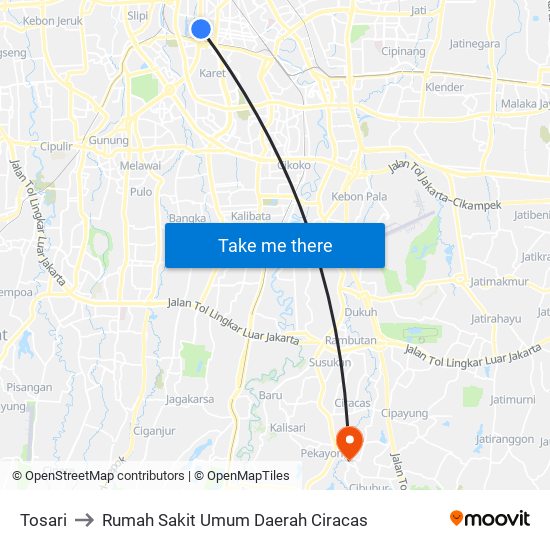 Tosari to Rumah Sakit Umum Daerah Ciracas map