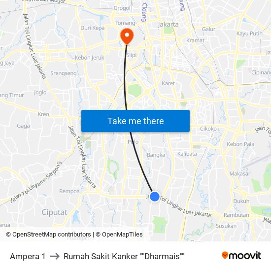 Ampera 1 to Rumah Sakit Kanker ""Dharmais"" map