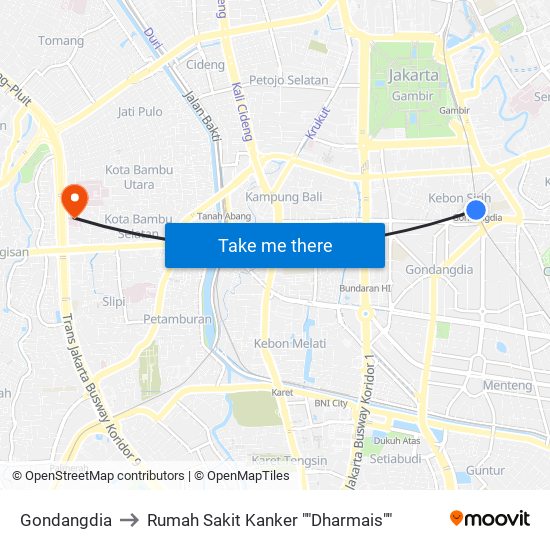 Gondangdia to Rumah Sakit Kanker ""Dharmais"" map