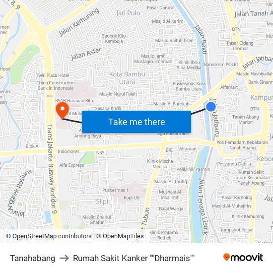 Tanahabang to Rumah Sakit Kanker ""Dharmais"" map