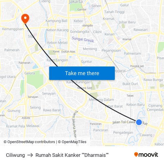 Ciliwung to Rumah Sakit Kanker ""Dharmais"" map