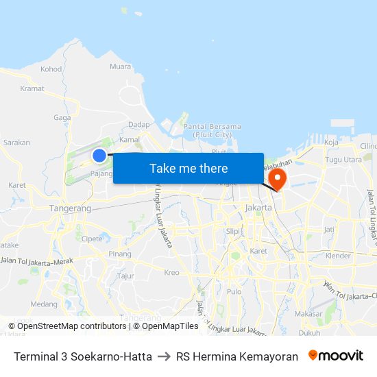 Terminal 3 Soekarno-Hatta to RS Hermina Kemayoran map