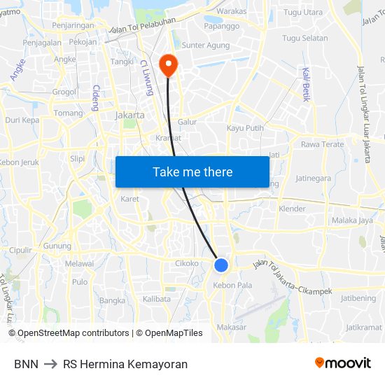 BNN to RS Hermina Kemayoran map