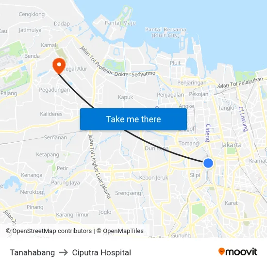 Tanahabang to Ciputra Hospital map