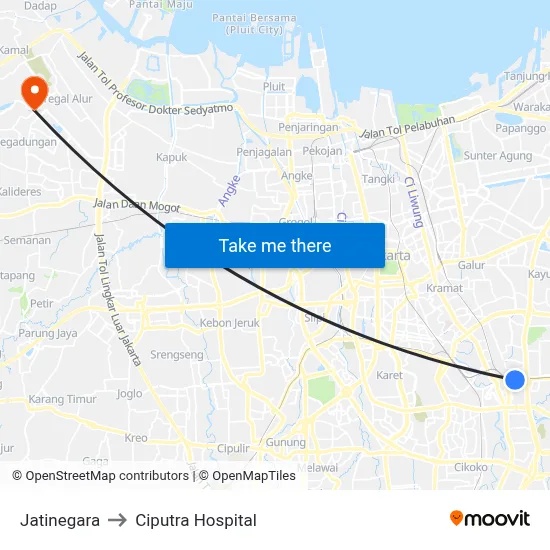 Jatinegara to Ciputra Hospital map