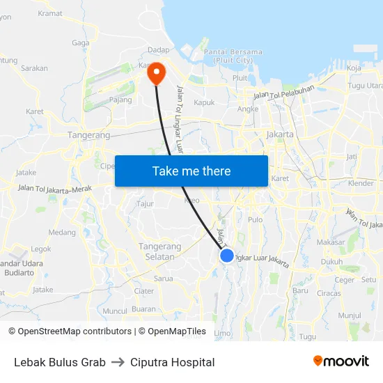 Lebak Bulus Grab to Ciputra Hospital map
