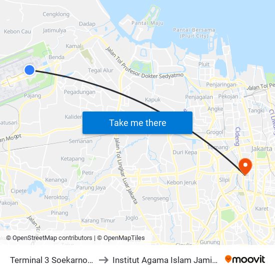 Terminal 3 Soekarno-Hatta to Institut Agama Islam Jamiat Kheir map