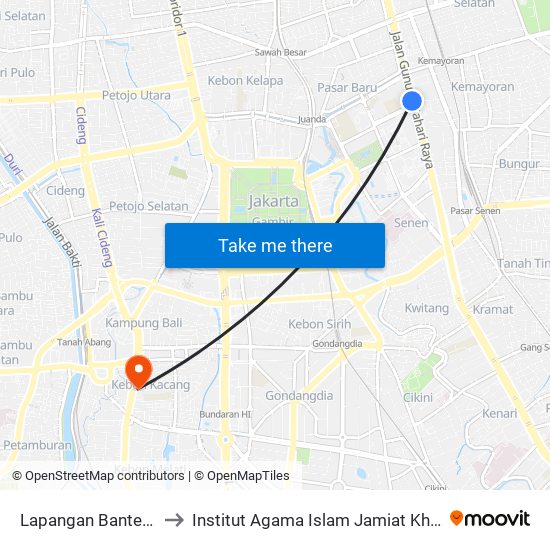 Lapangan Banteng to Institut Agama Islam Jamiat Kheir map