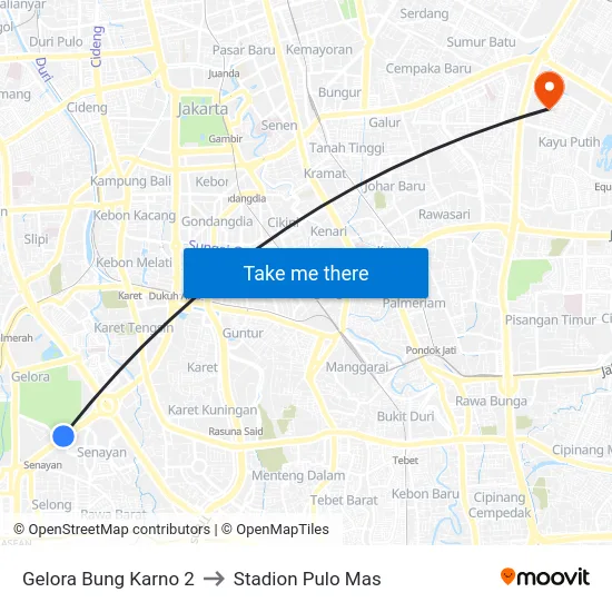 Gelora Bung Karno 2 to Stadion Pulo Mas map