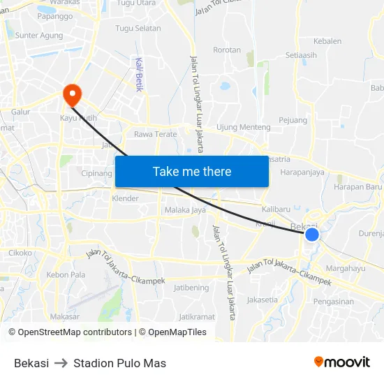Bekasi to Stadion Pulo Mas map