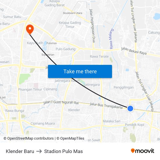 Klender Baru to Stadion Pulo Mas map