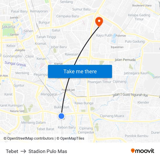 Tebet to Stadion Pulo Mas map