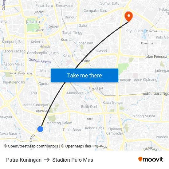 Patra Kuningan to Stadion Pulo Mas map