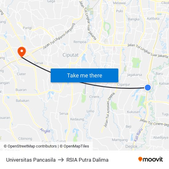 Universitas Pancasila to RSIA Putra Dalima map