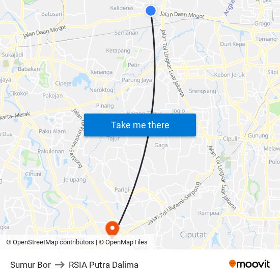 Sumur Bor to RSIA Putra Dalima map