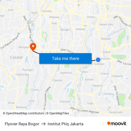 Flyover Raya Bogor to Institut Ptiq Jakarta map