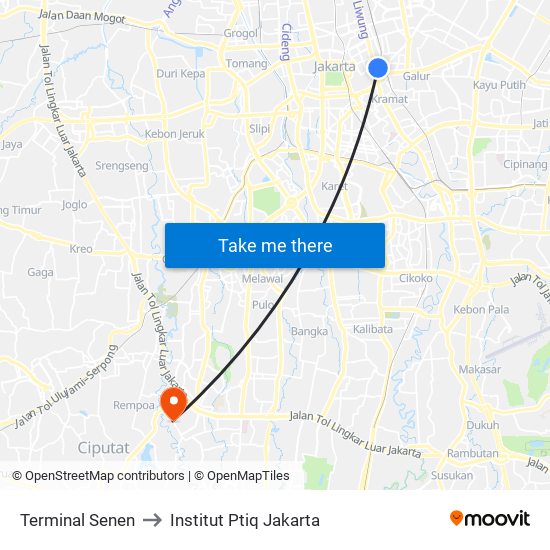 Terminal Senen to Institut Ptiq Jakarta map