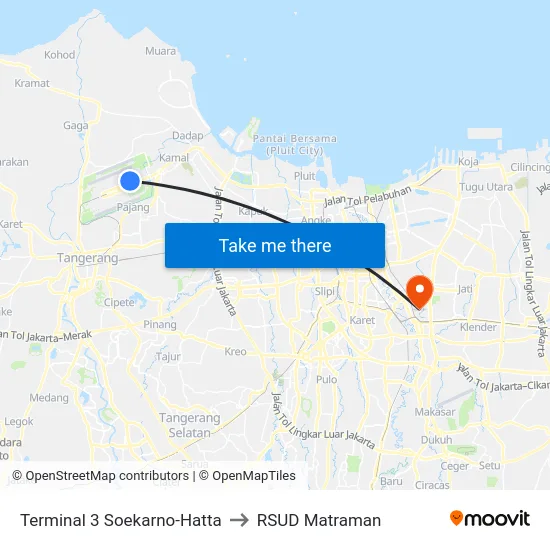 Terminal 3 Soekarno-Hatta to RSUD Matraman map