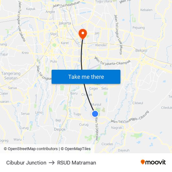 Cibubur Junction to RSUD Matraman map