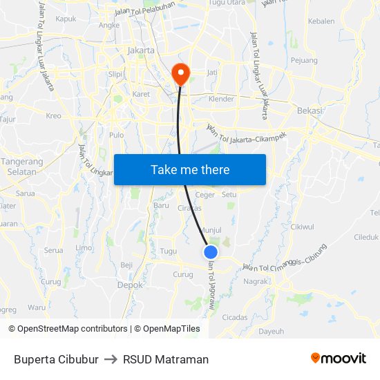 Buperta Cibubur to RSUD Matraman map