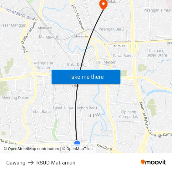 Cawang to RSUD Matraman map