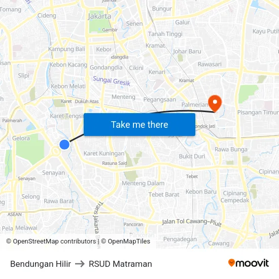 Bendungan Hilir to RSUD Matraman map