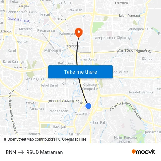 BNN to RSUD Matraman map