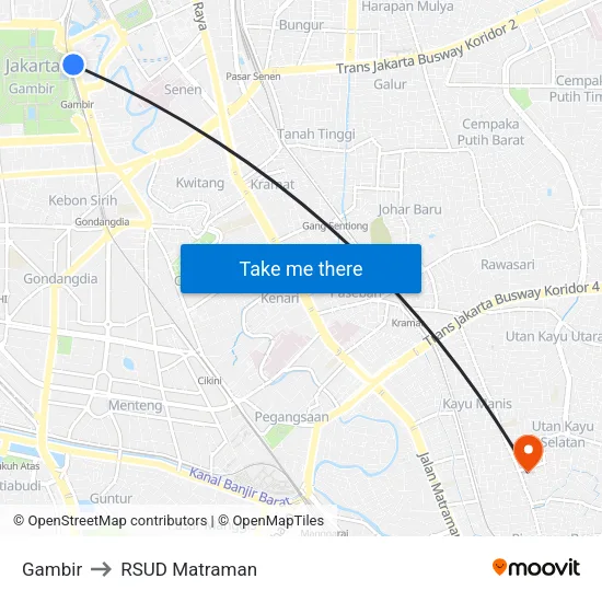 Gambir to RSUD Matraman map