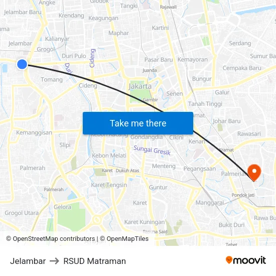 Jelambar to RSUD Matraman map