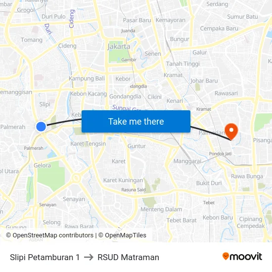 Slipi Petamburan 1 to RSUD Matraman map