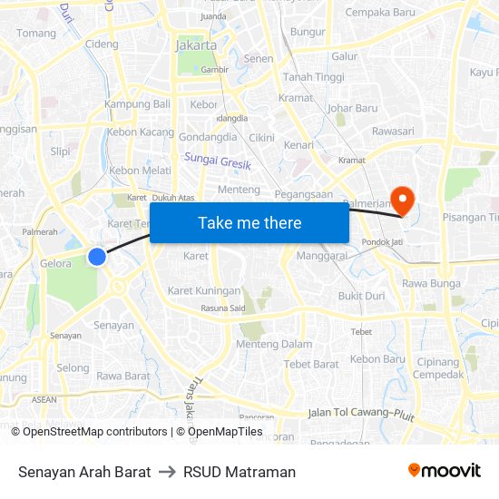 Senayan Arah Barat to RSUD Matraman map