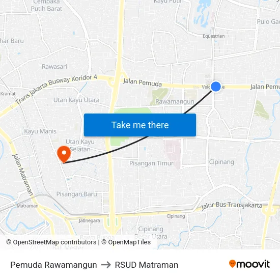 Pemuda Rawamangun to RSUD Matraman map