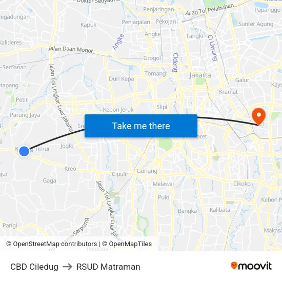 CBD Ciledug to RSUD Matraman map
