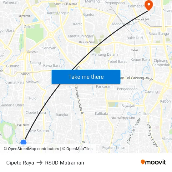 Cipete Raya to RSUD Matraman map